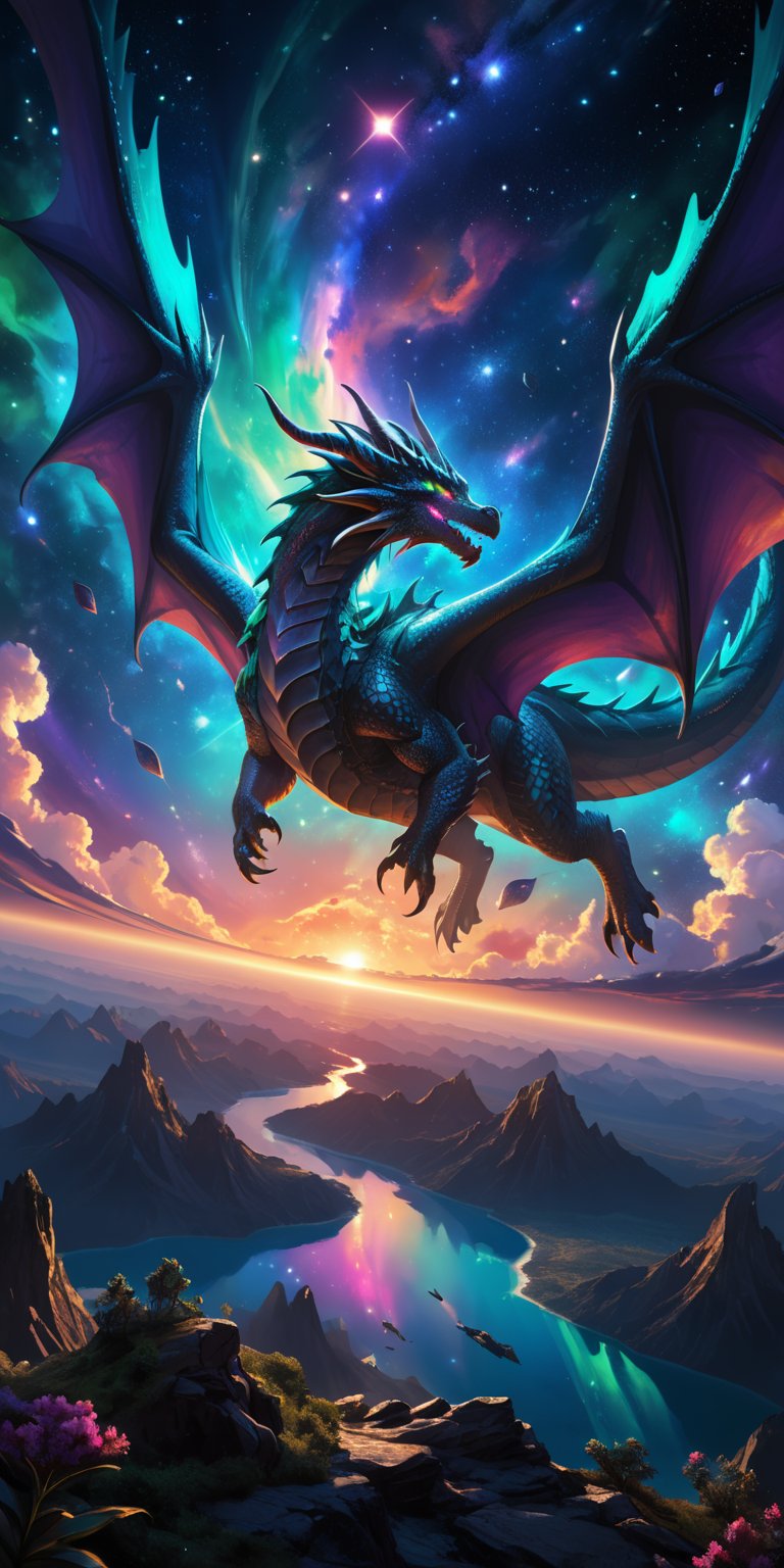 Galactic Dragon Over an Alien Planet: A dragon with emerald and sapphire scales glides above a vibrant alien world with sw...