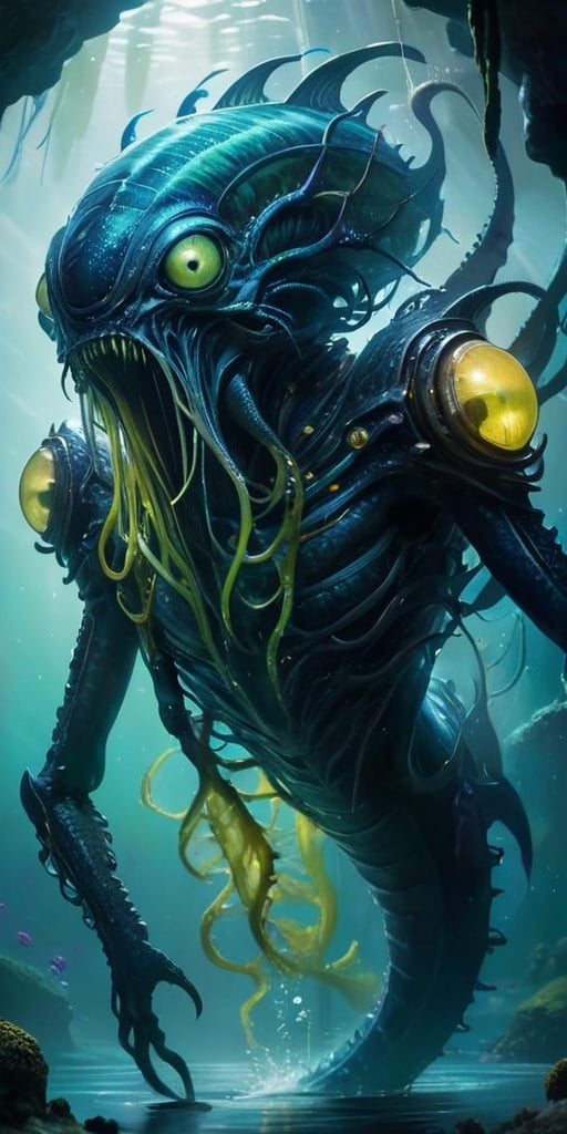 In the depths of a cavernous alien ocean,  a monstrous hybrid lurks in the shadows. Its body is an unsettling fusion of aq...