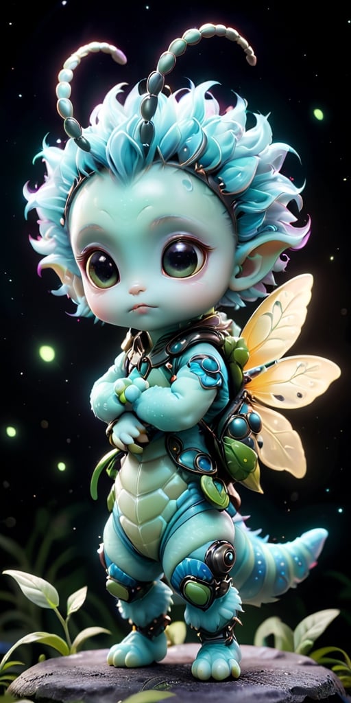A baby alien with a furry,  caterpillar-like body and large,  soulful eyes that blink slowly. It has tiny by Caption Maste...