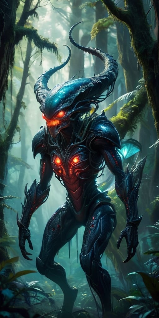 In the heart of a dense,  alien forest,  a monstrous alien hybrid stalks through the undergrowth. Its body is covered in t...