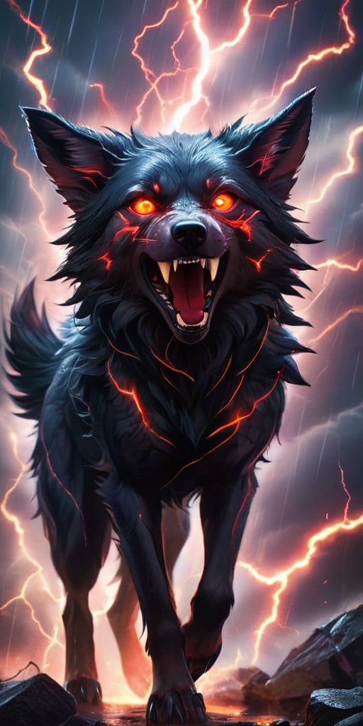 A pack of winged wolf-like creatures with glowing red eyes soar through a raging electrical storm. Their fur crackles with...