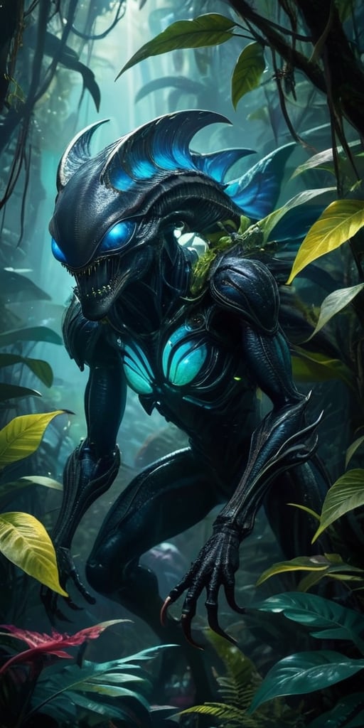A colossal,  eyeless monstrosity with razor-sharp claws and bioluminescent scales hunts through the dense foliage of a bio...