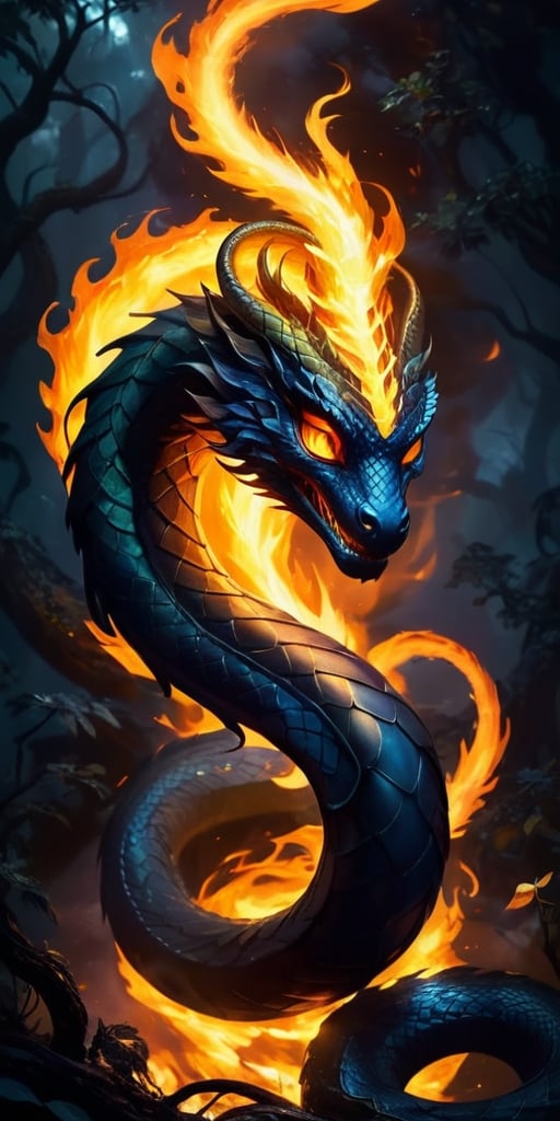 The Shadowflame Hydra A multi-headed serpent,  each head wreathed in shadowy flames,  its eyes glowing with an eerie light...