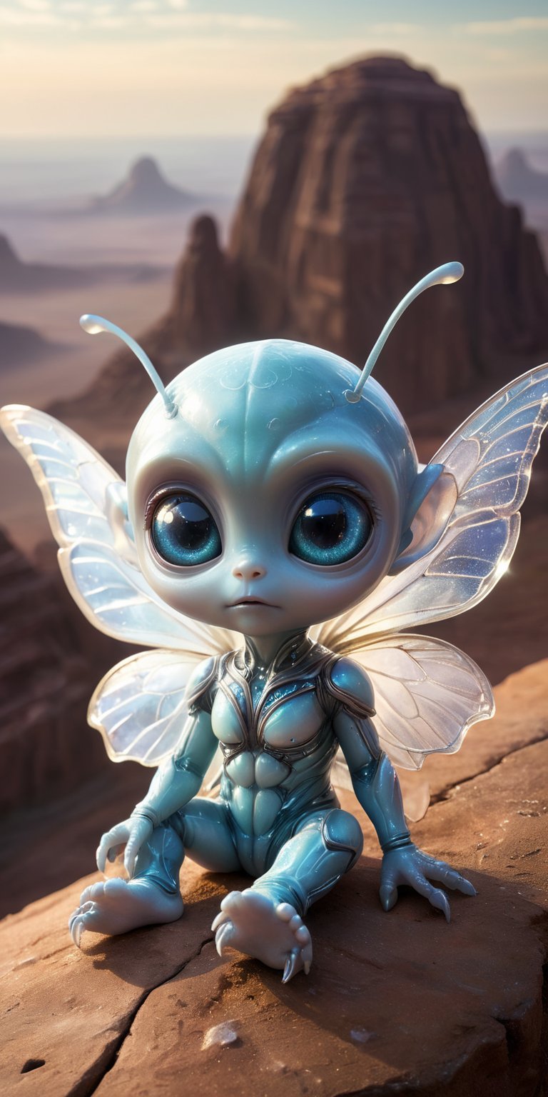Sitting on a glowing,  crystalline ledge high above a vast alien landscape,  a baby alien with smooth by Caption Master on...