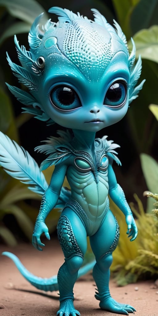 An alien infant with a body that is covered in tiny,  feather-like scales that rustle softly in the breeze. It has large,...