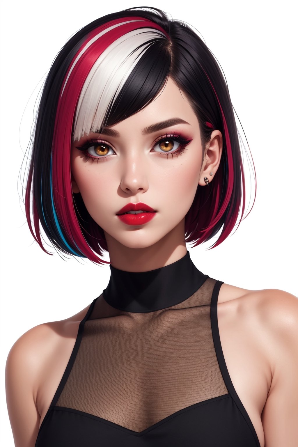 1girl, solo, upper body, looking at viewer, white background, bob cut, short hair, multicolored hair, makeup, parted lips, red lips, eyeliner,