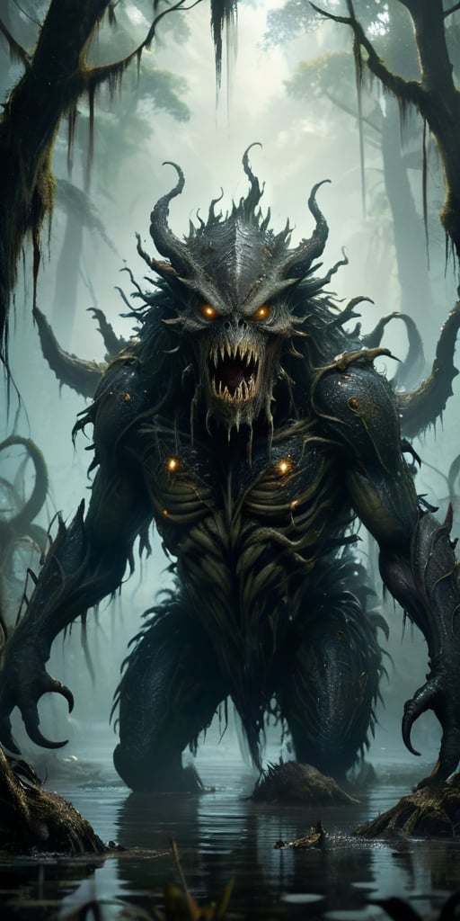 Vicious Swamp Beast A monstrous creature emerging from the murky depths of a swamp. Its body is covered in dark,  slimy sc...