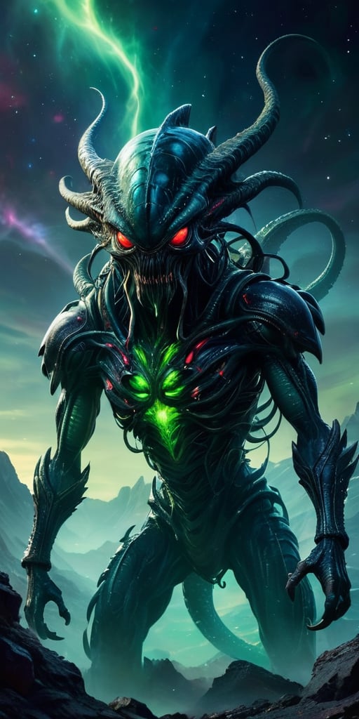 Create an image of a dangerous alien monster in space,  towering over a desolate alien landscape with dark,  armored scale...