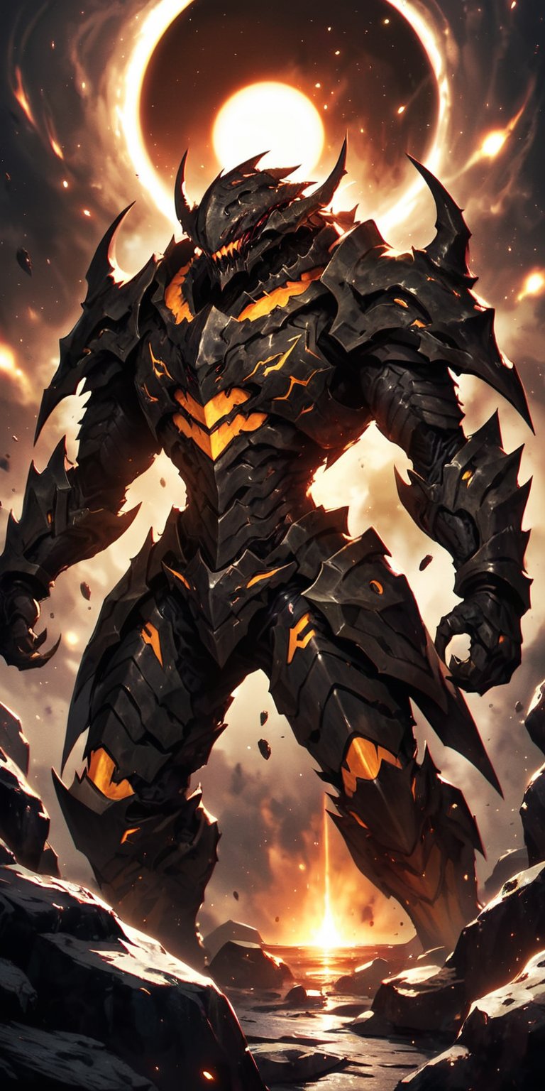 Alien Warlord:A fearsome alien warlord with armored plating and sharp,  clawed hands,  standing on a rocky outcrop in spac...