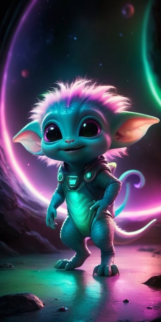 A baby alien with fur that changes color depending on its mood,  ranging from a soft pink when it's content to a vibrant g...