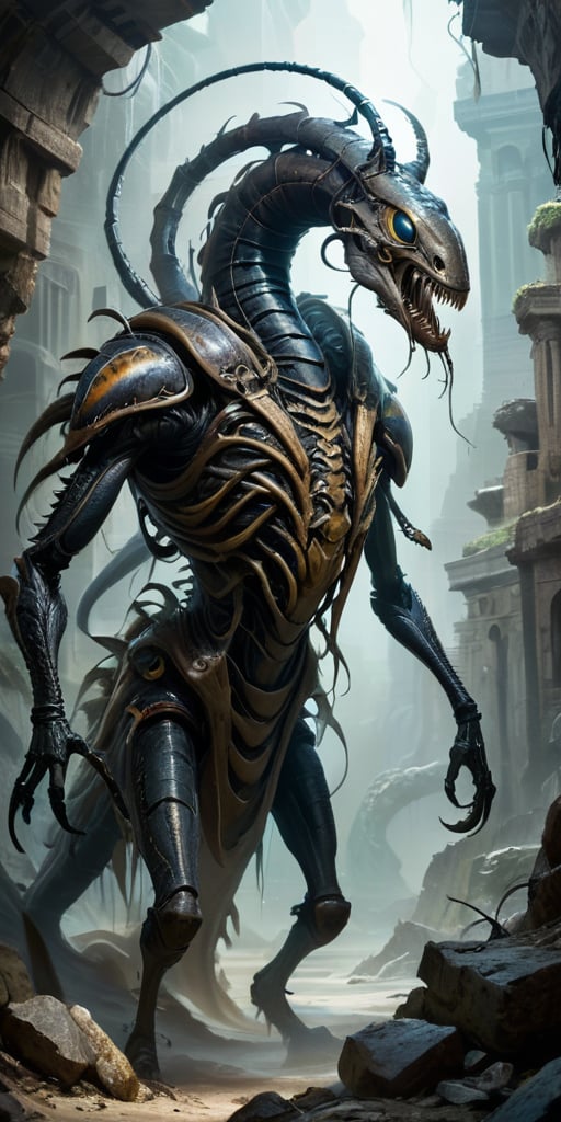 Roaming the ruins of an ancient,  alien city,  a monstrous creature with a centipede-like body and humanoid torso moves wi...