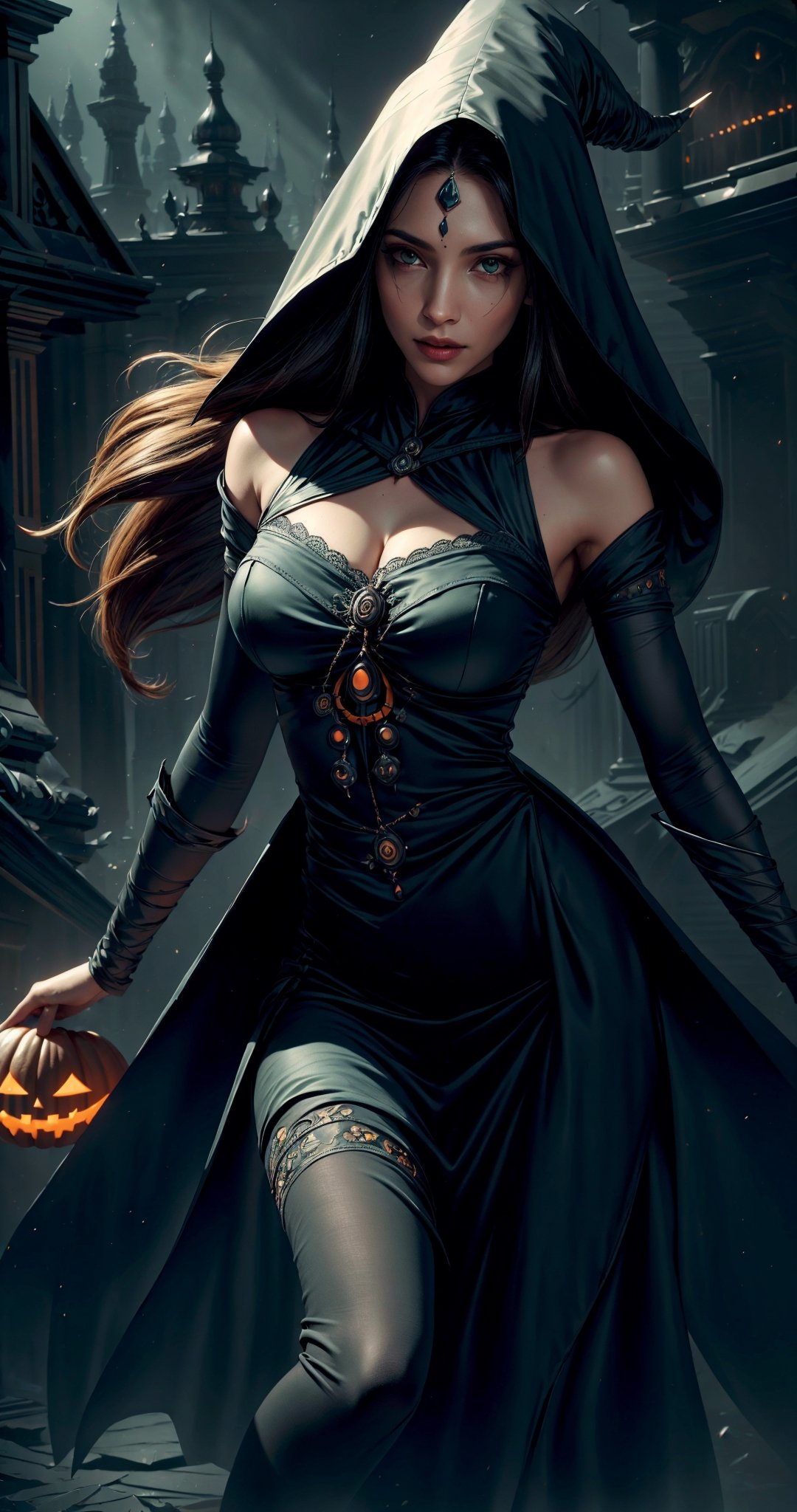 masterpiece,{{{best quality}}},(illustration)),{{{extremely detailed CG unity 8k ,Brilliant light,cinematic lighting,long_focus, indian, Women, Indian face (medium_breasts)High detailed, longhair, ghost in background , long hair ,looking_at_viewer,Halloween costume, midnight ,(Halloween:1.2),Halloween, green dress ,data-space,demonictech,stealthtech 