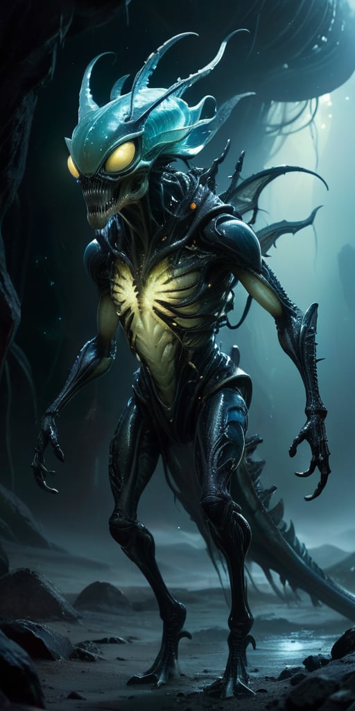 Standing in a desolate,  windswept wasteland,  an alien-monster hybrid with a translucent by Caption Master on Tensor.Art