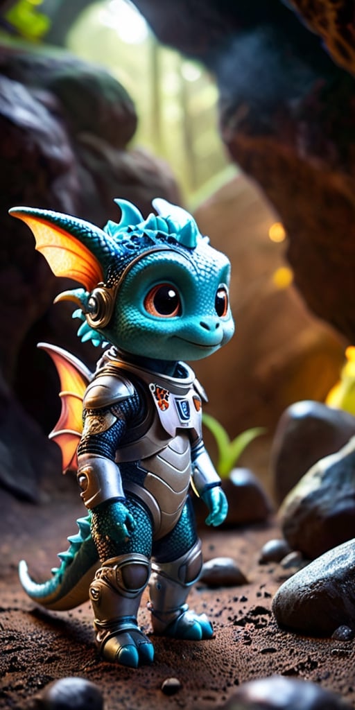 Space Adventure A baby dragon wearing a tiny spacesuit explores the surface of a mysterious planet. Behind it, a spaceship hovers, ready to take off. The dragon's curiosity is evident as it examines strange, glowing rocks and alien plants.