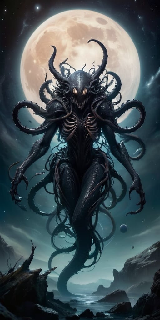 In the silent void of space,  a creature born of nightmares floats menacingly. Its form is a horrifying combination of ali...
