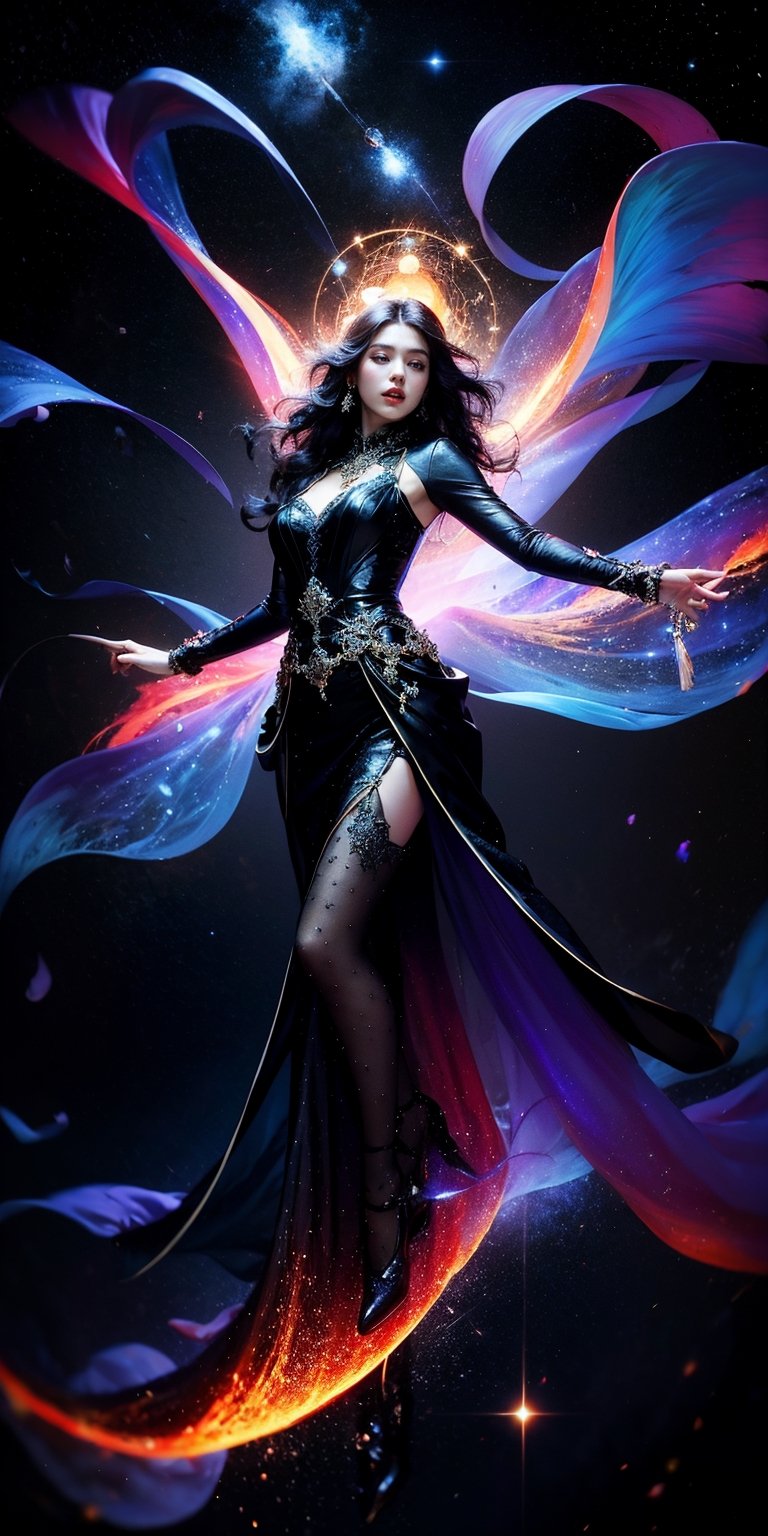 Cosmic Conductor of a Celestial Choir Soaring amidst a swirling vortex of nebulae,  her voice resonates with the primal mu...