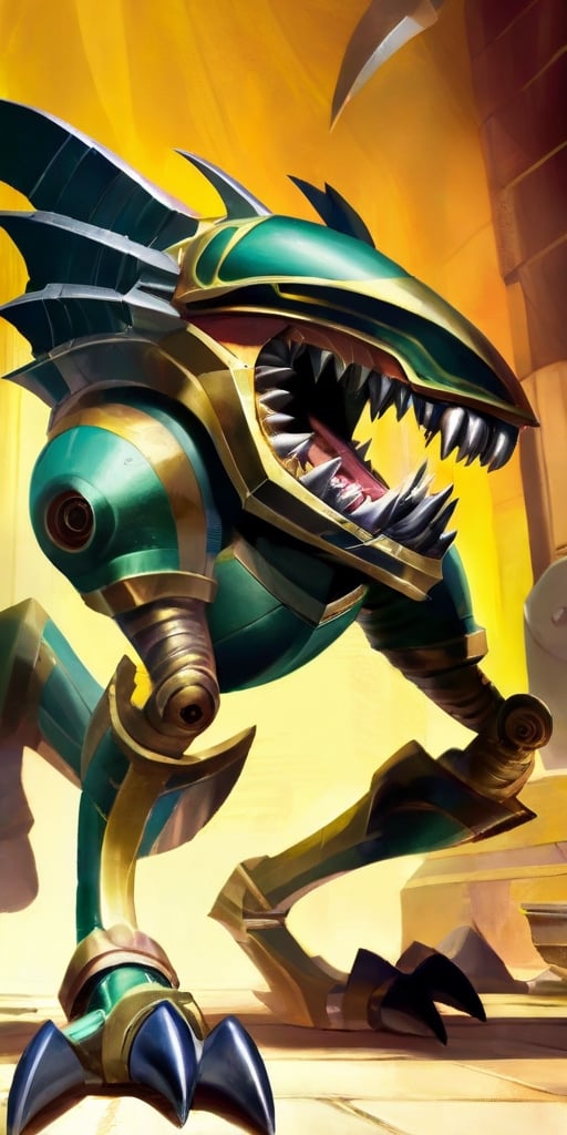 A creature with a body covered in sharp,  metallic plates that clank and clang as it moves. It has a large,  gaping maw fi...
