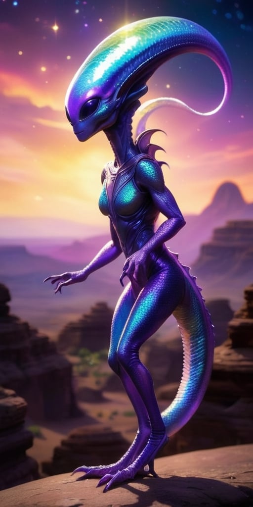 An alien infant with iridescent scales that shimmer in the sunlight. It has a long,  slender tail that it uses for balance...