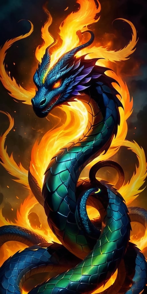 The Shadowflame Hydra A multi-headed serpent,  each head wreathed in shadowy flames,  its eyes glowing with an eerie light...