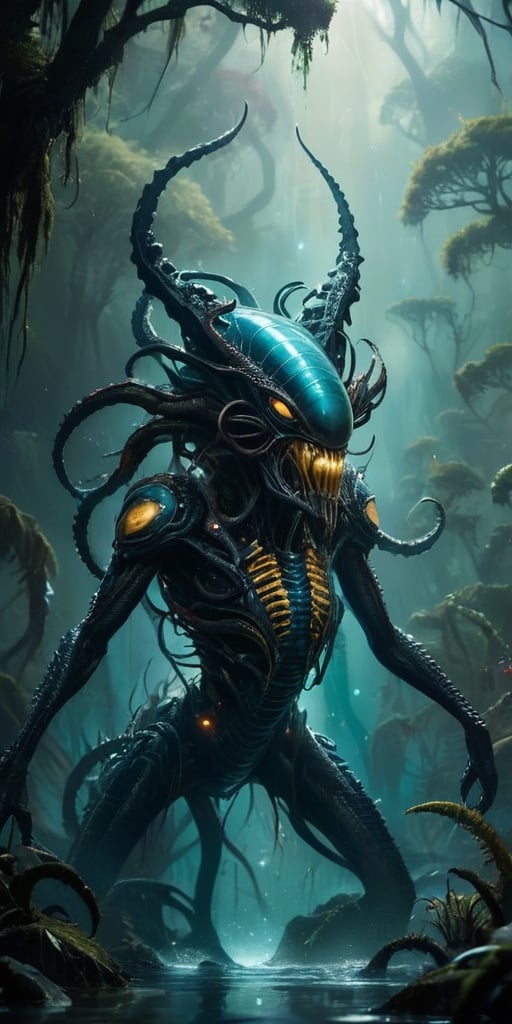 A colossal alien-monster hybrid rises from a bubbling,  toxic swamp on an alien planet. Its body is covered in thick,  arm...