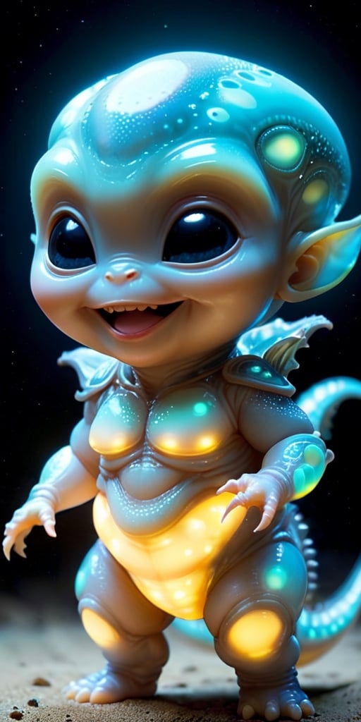 An alien infant with skin that is covered in tiny,  bioluminescent spots that glow softly in the dark. It has a round,  ch...
