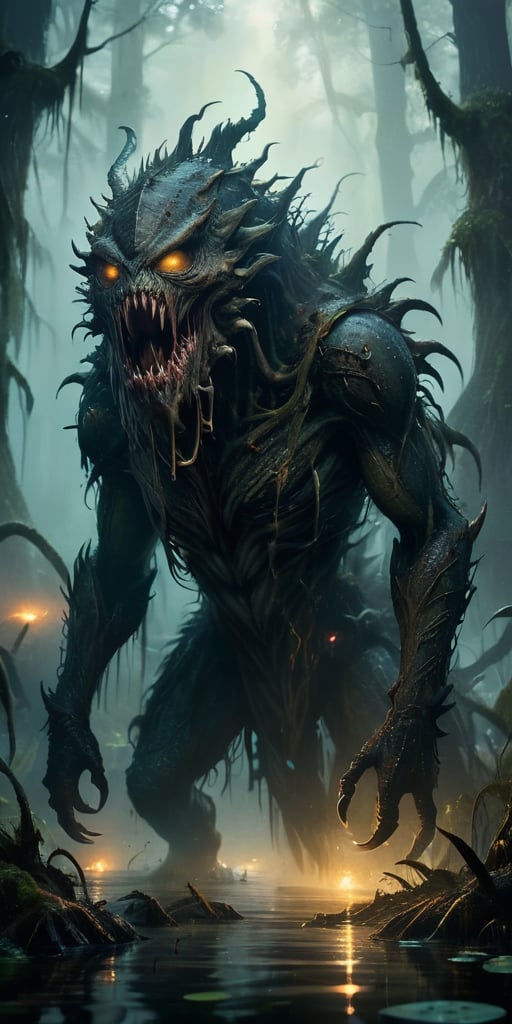 Vicious Swamp Beast A monstrous creature emerging from the murky depths of a swamp. Its body is covered in dark,  slimy sc...
