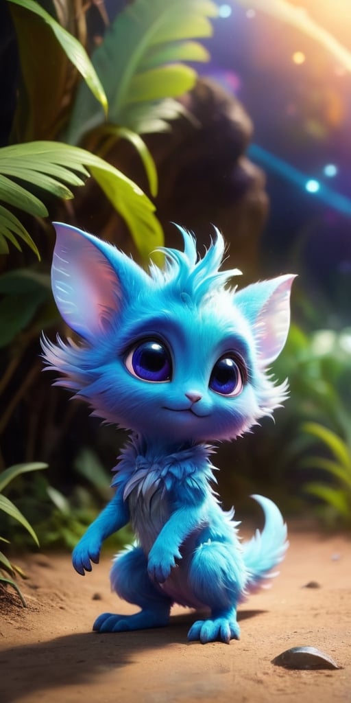 A baby alien with fluffy,  feather-like fur that ruffles in the breeze. It has large,  floppy ears that twitch with curios...