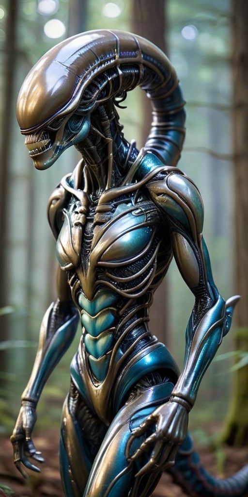 A humanoid alien with metallic skin that constantly shifts and changes colors,  camouflaging it in its surroundings. Its l...