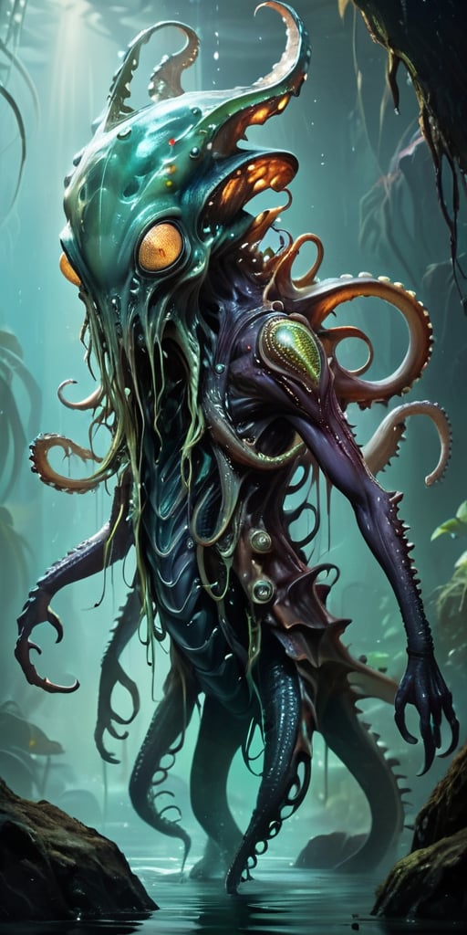 Rising from the dark waters of an alien marsh,  a nightmarish alien creature with a cephalopod-like body and reptilian lim...
