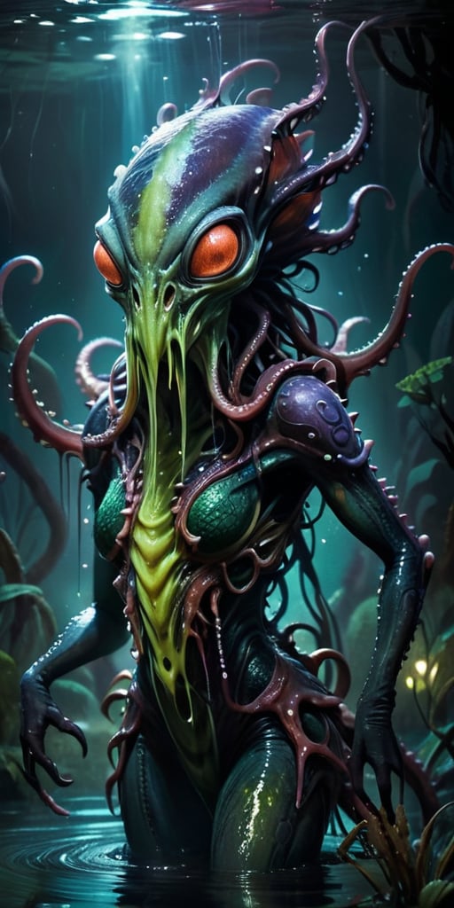 Rising from the dark waters of an alien marsh,  a nightmarish alien creature with a cephalopod-like body and reptilian lim...