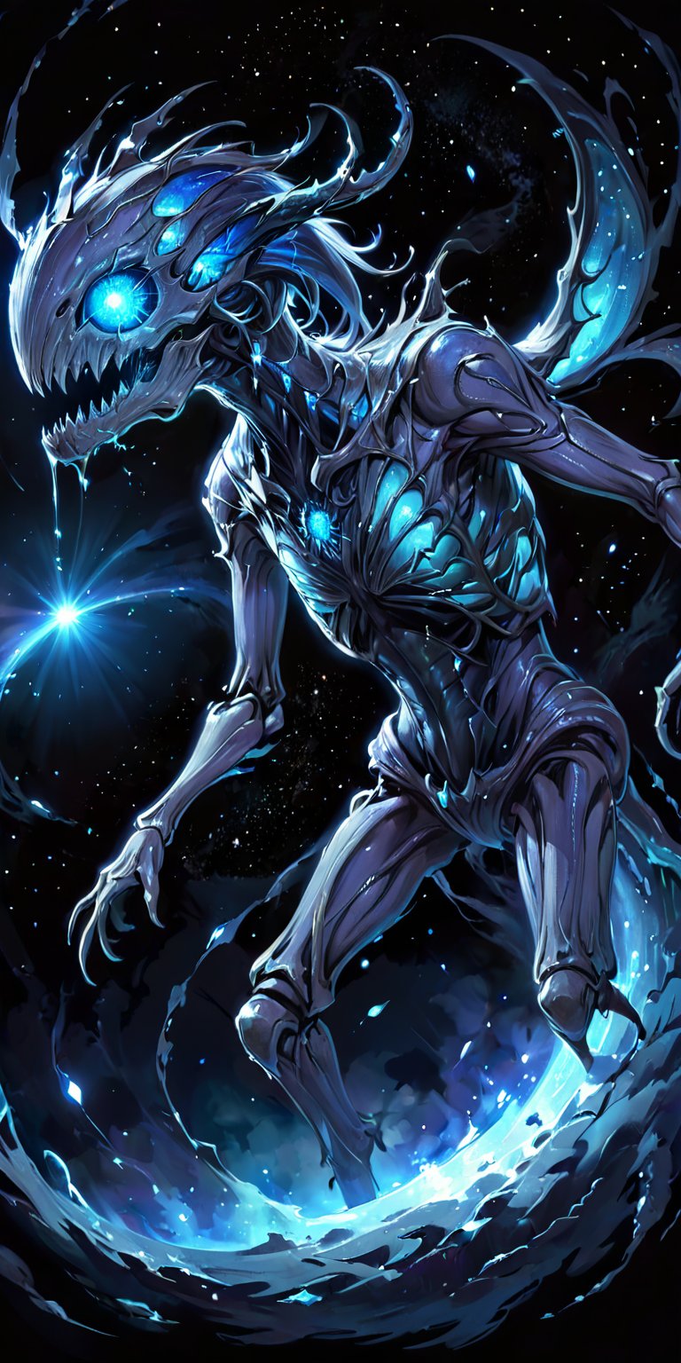Void Stalker:A sinister alien creature with elongated limbs and a skeletal frame,  its eyes glowing a haunting blue. It fl...