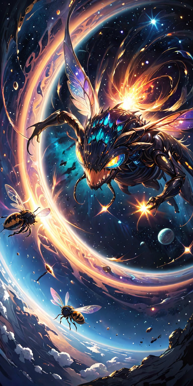 Alien Hivemind:A swarm of small,  insect-like alien creatures with iridescent wings and sharp mandibles,  buzzing menacing...