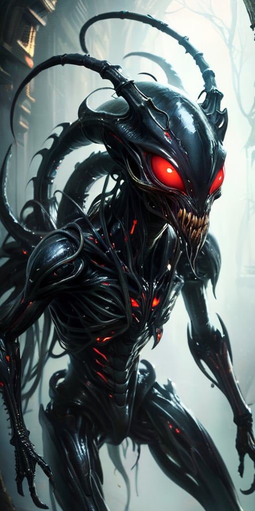 Lurking in the dark,  twisted corridors of an abandoned alien spaceship,  a terrifying creature with a sleek by Caption Ma...