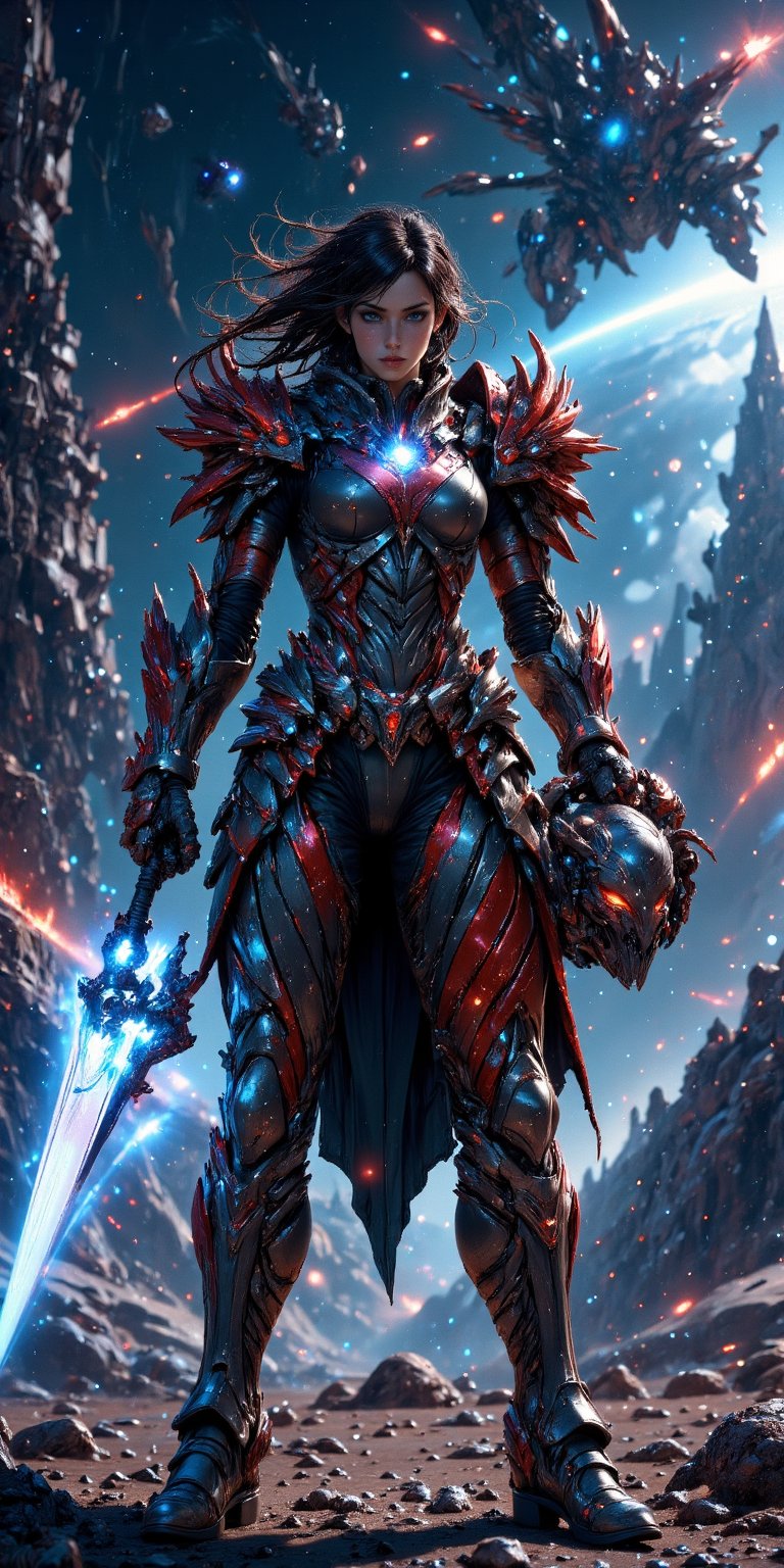 Galactic Warrior A fierce woman in futuristic armor with glowing accents,  holding a plasma sword and standing on a desola...