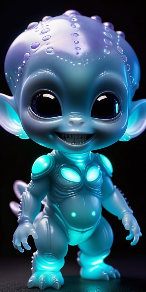 An alien infant with skin that is covered in tiny,  bioluminescent spots that glow softly in the dark. It has a round,  ch...