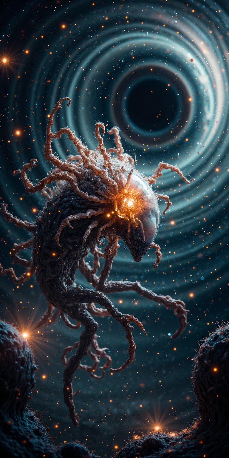 A bizarre alien creature with multiple limbs and a pulsating,  translucent body,  floating near a gravitational anomaly. T...
