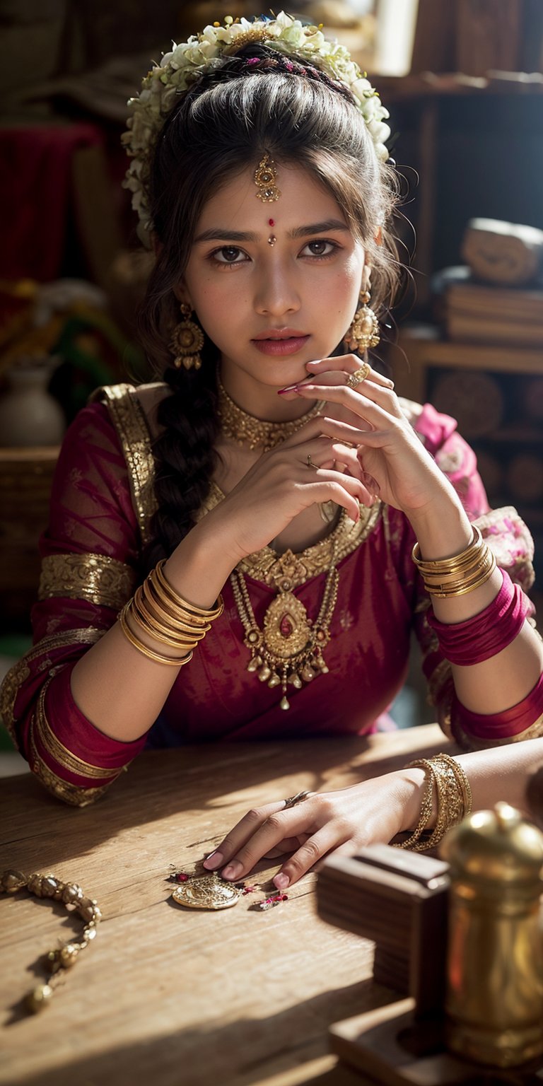 A documentary-style portrait of a female Indian artisan,  her hands skillfully crafting a piece of traditional jewelry. by...