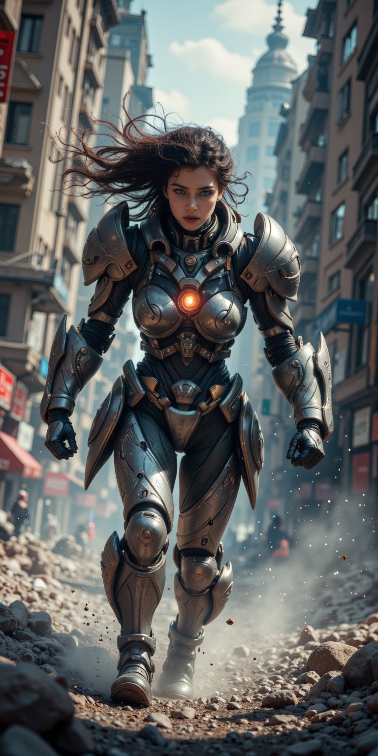 A woman with biomechanical enhancements designed for close combat. Her arms and legs are reinforced with armor,  and her e...