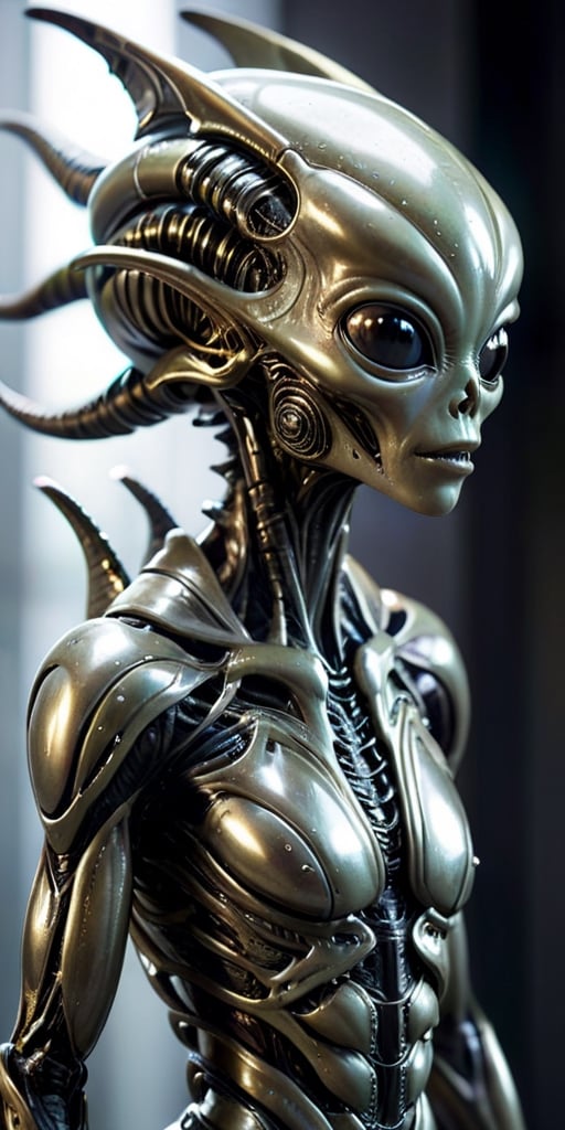 A humanoid alien with metallic skin that constantly shifts and changes colors,  camouflaging it in its surroundings. Its l...