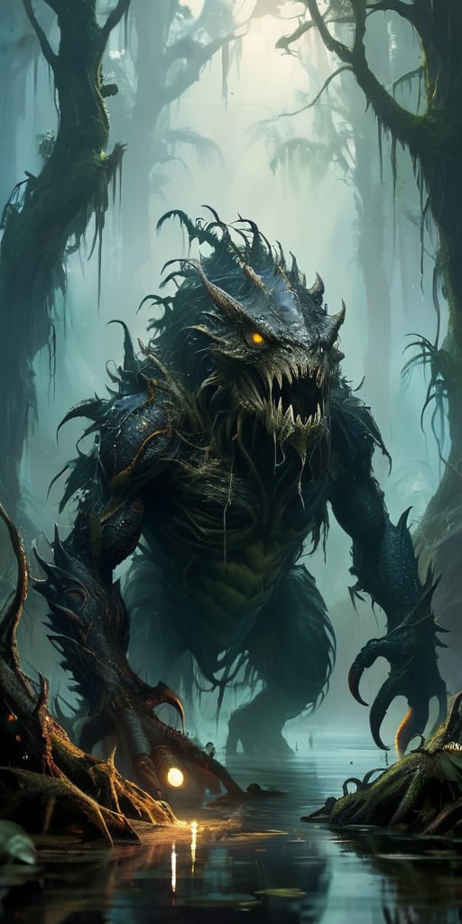 Vicious Swamp Beast A monstrous creature emerging from the murky depths of a swamp. Its body is covered in dark,  slimy sc...