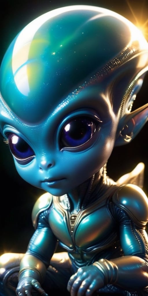 An alien infant with a smooth,  metallic skin that glints in the sunlight. It has a head that is shaped like a perfect sph...