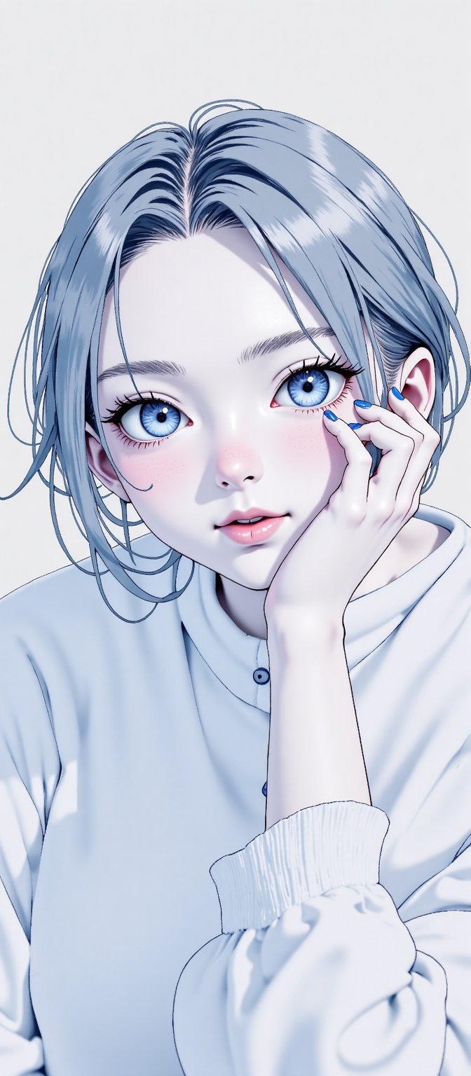A minimalist composition of a woman with her chin resting on her hand,  her face framed by gentle gray lines with faint bl...