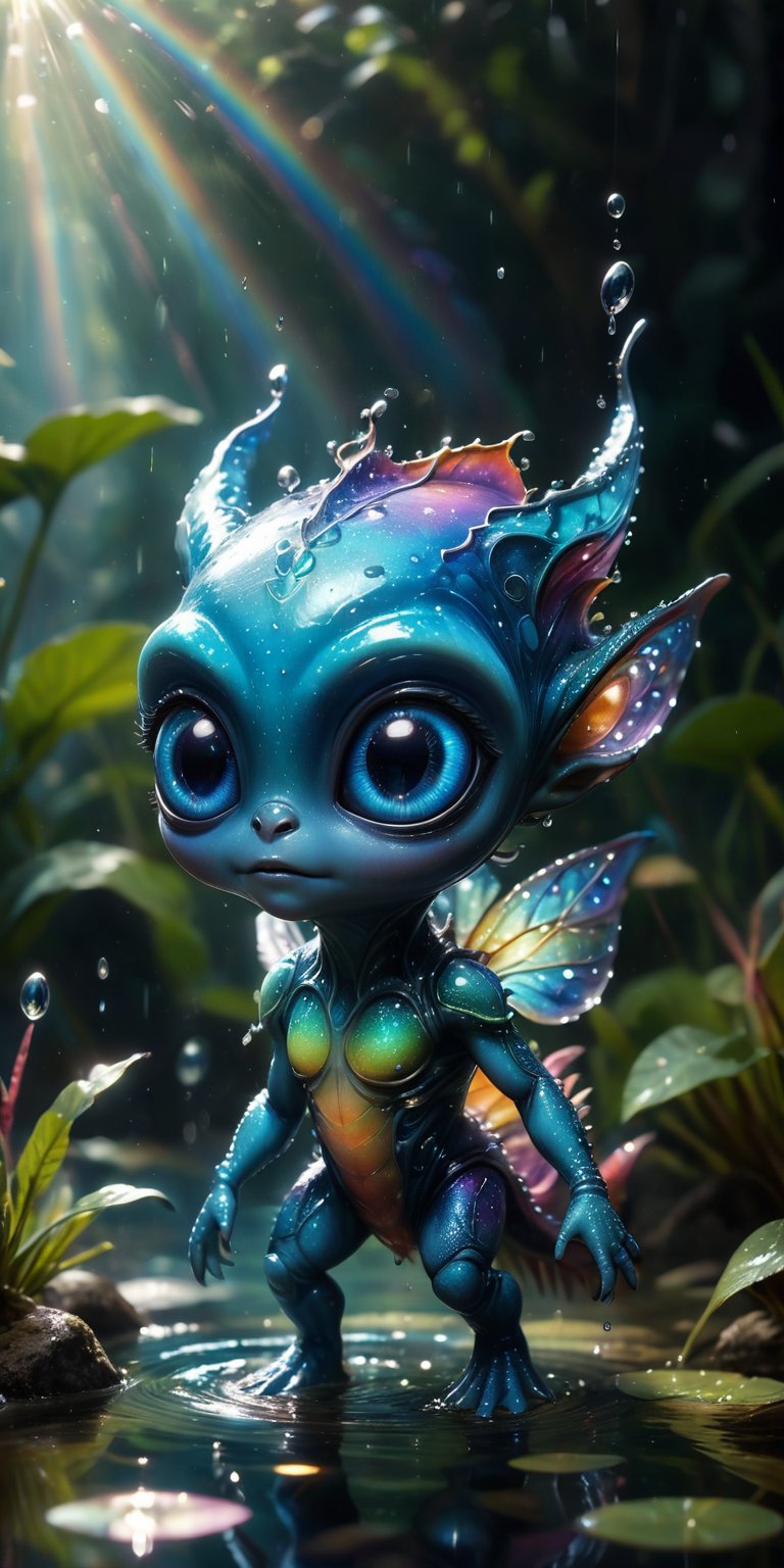 In the crystal-clear waters of an alien pond,  a baby alien with shimmering blue skin and big,  curious eyes splashes glee...