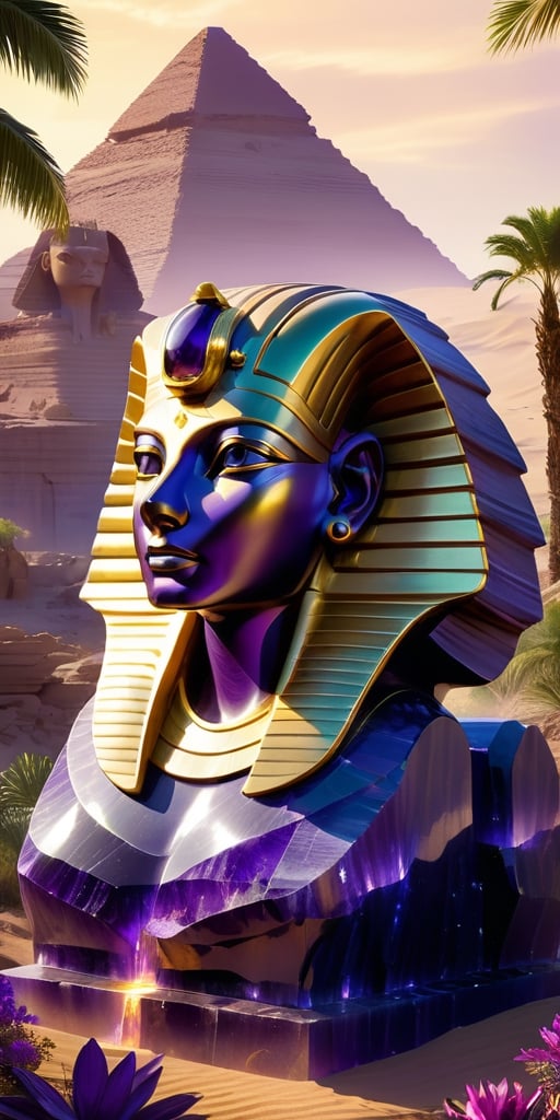 A colossal sphinx carved from living amethyst, its eyes glowing with molten gold, guards a forgotten oasis. Lush greenery spills from its mane, contrasting with the harsh desert landscape, hinting at the secrets it protects.
, 