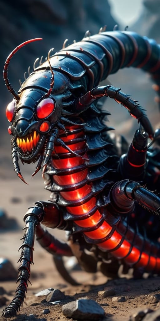 A colossal,  metallic centipede with glowing red eyes burrows through the ash of a desolate alien wasteland. Its segmented...