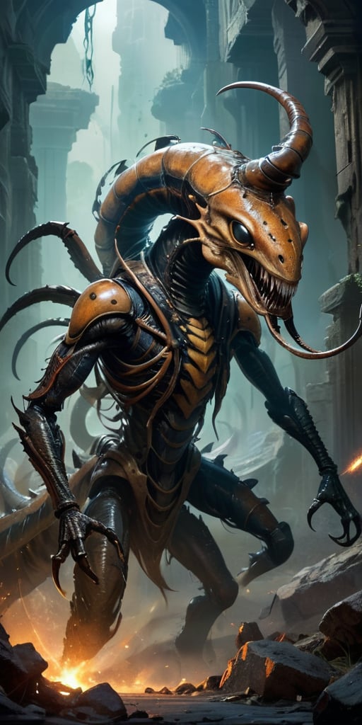 Roaming the ruins of an ancient,  alien city,  a monstrous creature with a centipede-like body and humanoid torso moves wi...