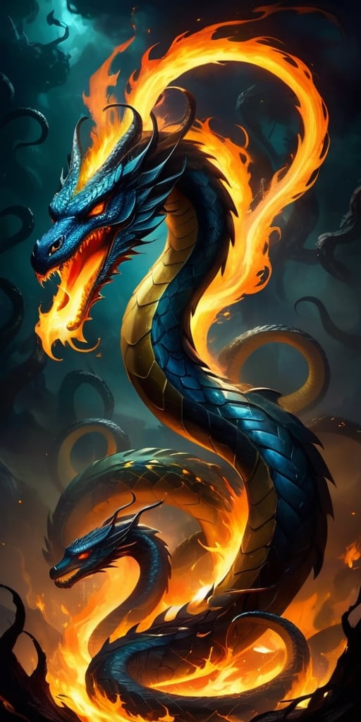 The Shadowflame Hydra A multi-headed serpent,  each head wreathed in shadowy flames,  its eyes glowing with an eerie light...