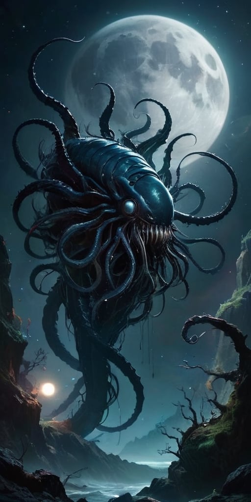 In the silent void of space,  a creature born of nightmares floats menacingly. Its form is a horrifying combination of ali...