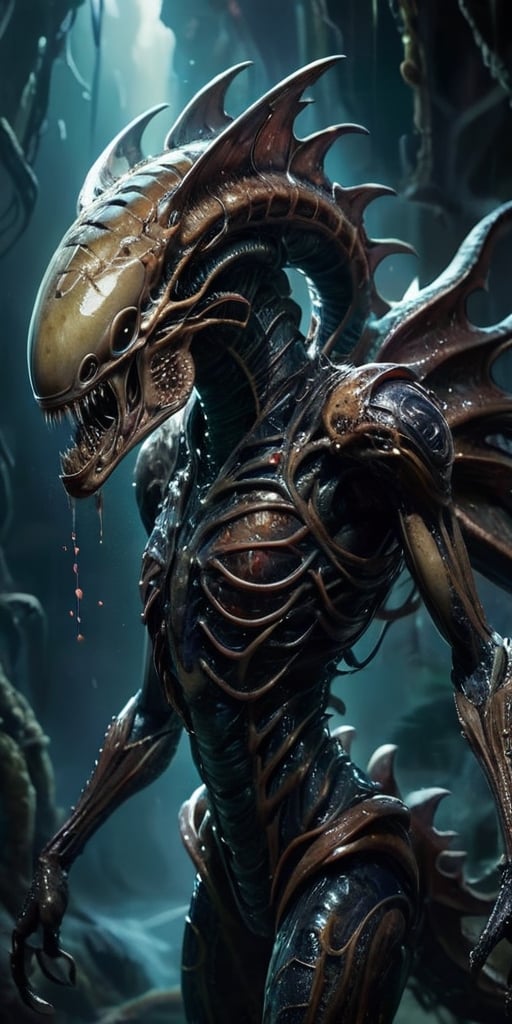 In the vast emptiness of space,  a dreadful hybrid of alien and monster drifts ominously. Its body is grotesquely elongate...