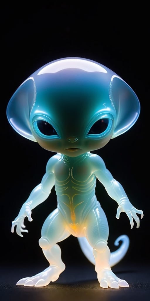 A baby alien with translucent skin that reveals its internal organs, which glow softly with bioluminescence. It has a head that is disproportionately large compared to its body, giving it a comically cute appearance, and it communicates through a series of chirps and whistles.
